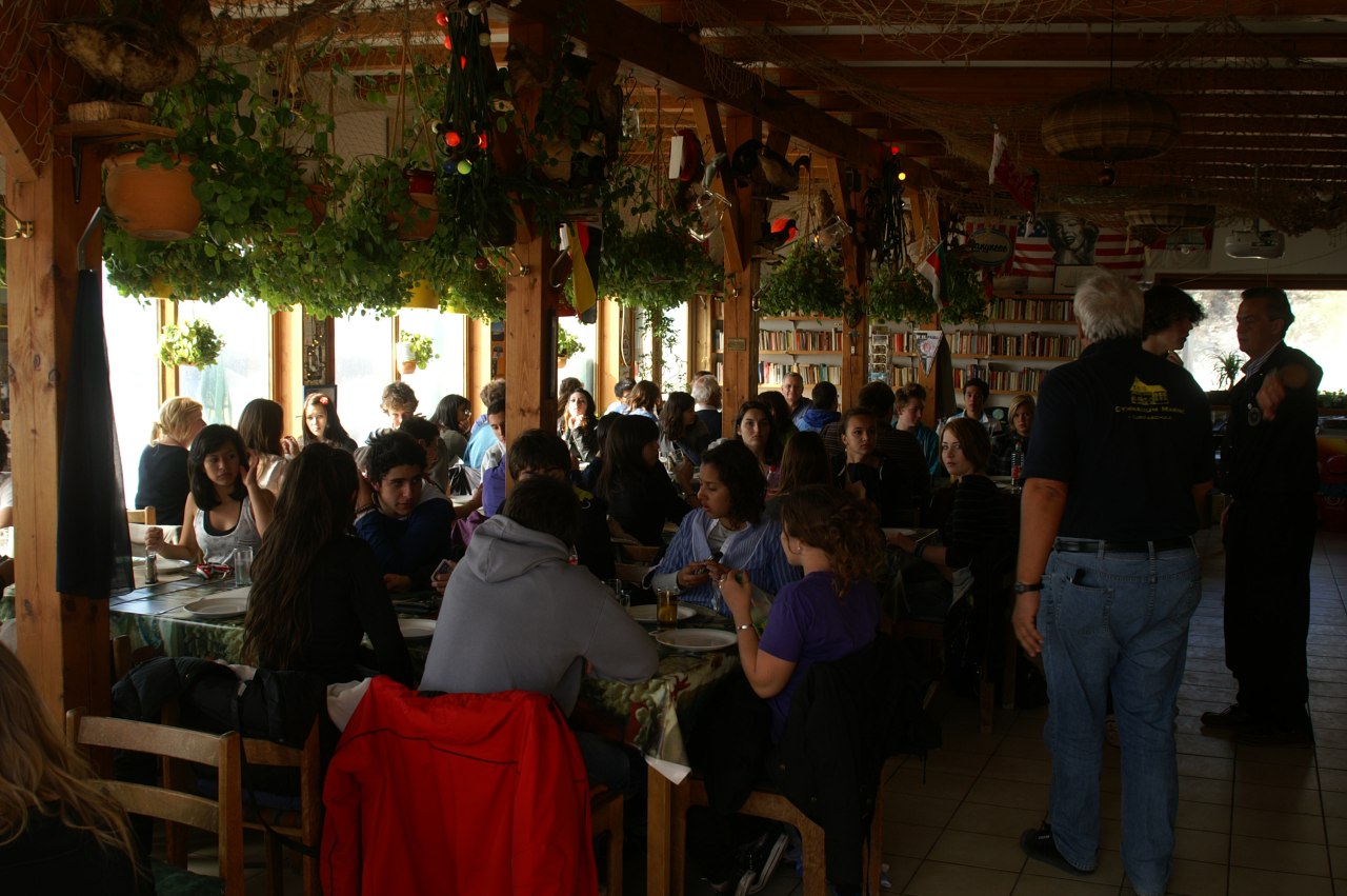 Die Austauschschüer des Rotary-Clubs zum Essen im Dünenrestaurant auf der Helgoländer Düne. The exchange students at lunch at the Dünenrestaurant on the small island Düne 800 Meters east of Helgoland.