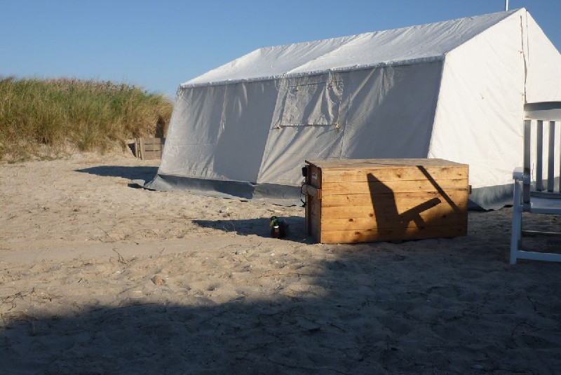 Camper Jesko baut sein Zelt auf dem Campingplatz Helgoland-Düne auf und wird dabei von zwei Stockenten ausgiebig und ziemlich unscheu begutachtet.