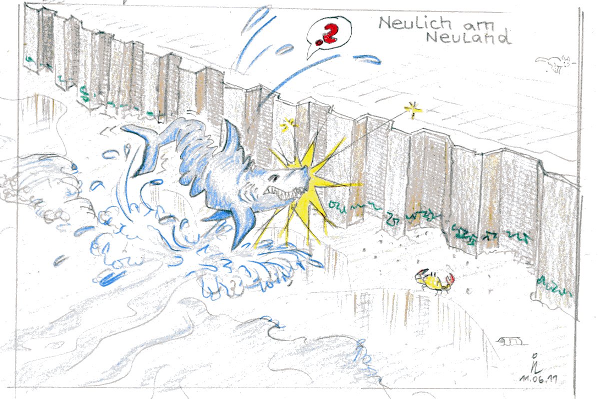 Karikatur zur Landgewinnung: Ein Wal schwimmt auf seiner gewohnten Route und durchbricht die frisch gerammte Spundwand der Inselverbindung.