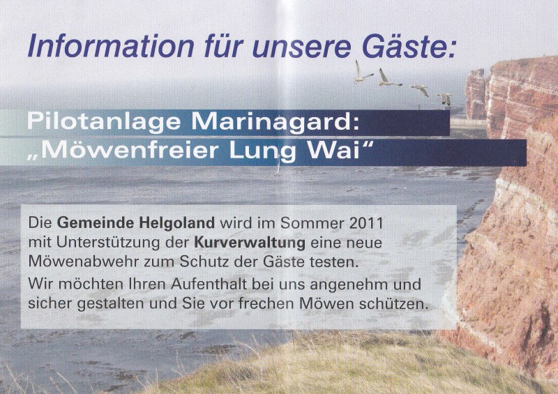 Ein Flyer der Gemeinde Helgoland informiert über die Möwenvergrämungsanlage MarinaGard.