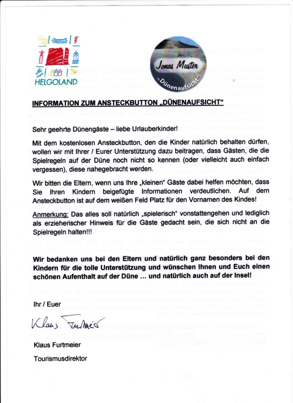 Informationsblatt des Helgoländer Tourismusdirektors Klaus Furtmeier zur Aktion Dünenaufsicht.