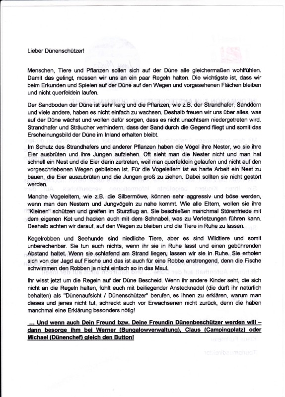 Informationsblatt des Helgoländer Tourismusdirektors Klaus Furtmeier zur Aktion Dünenaufsicht.