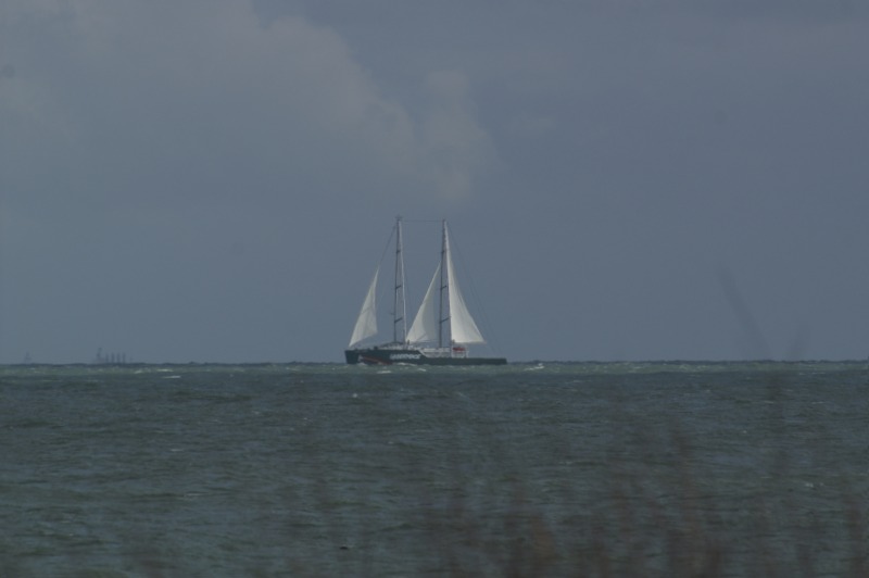 Der Schiffsneubau von Greenpeace, die Rainbow Warrior, auf Werfterprobungsfahrt in Helgoländer Gewässern und festgemacht im Helgoländer Südhafen.