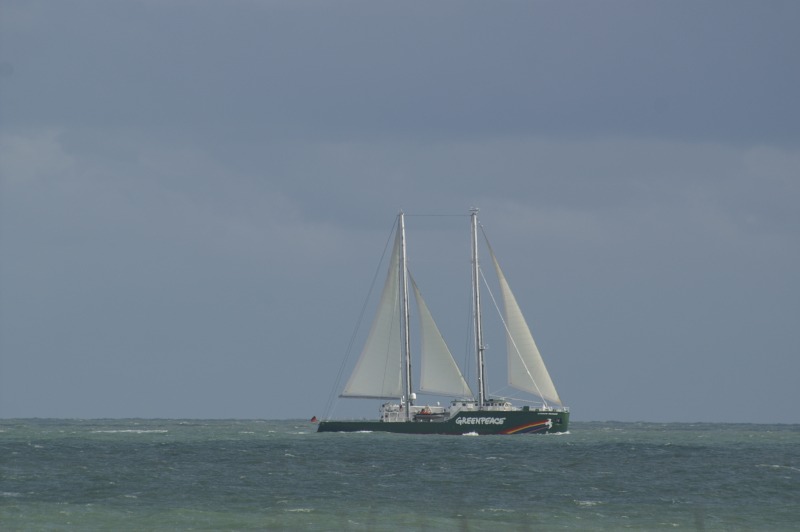 Der Schiffsneubau von Greenpeace, die Rainbow Warrior, auf Werfterprobungsfahrt in Helgoländer Gewässern und festgemacht im Helgoländer Südhafen.