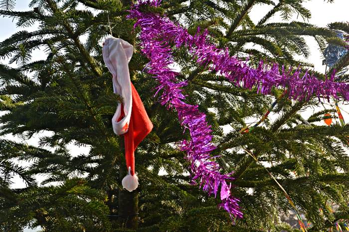 Der Weihnachtsbaum auf dem Europa-Absatz der Haupttreppe Helgolands ist Anfang April mit Ostereiern geschmückt.