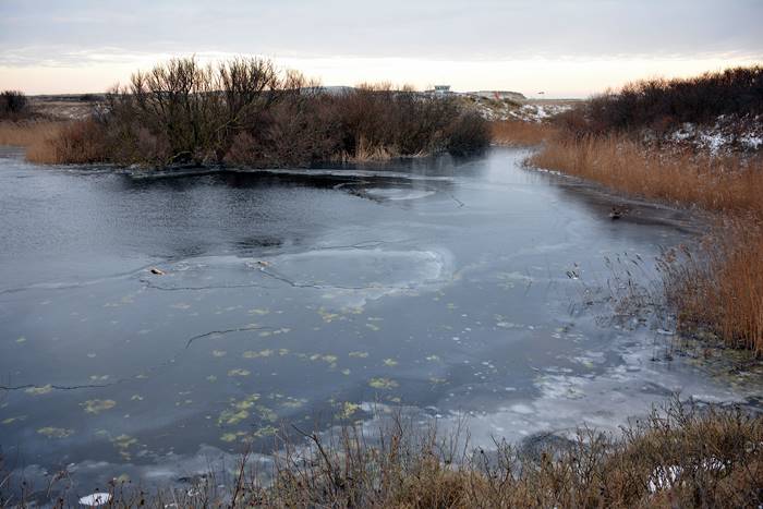 der halb-gefrorene Golfteich auf der Düne.