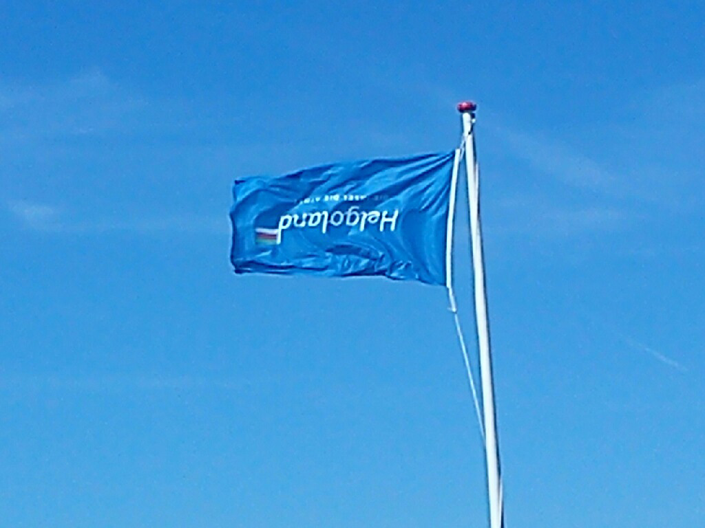 Das neue Helgoland-Logo als Flagge am Klippenrandweg beim Berliner Bären.
