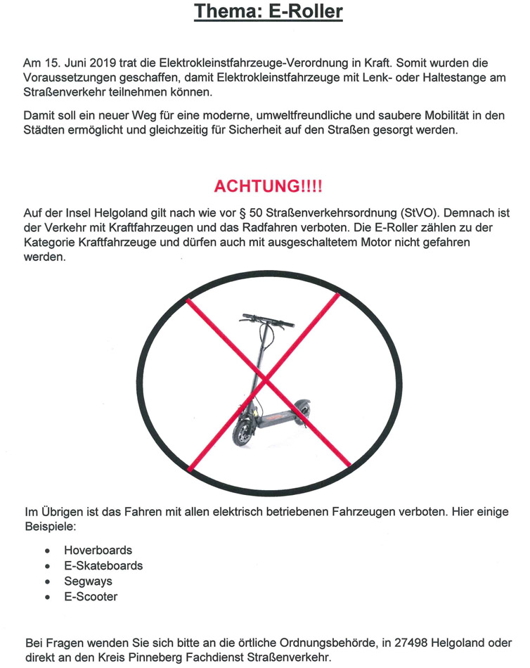 Plakat zum e-Roller Verbot auf Helgoland.