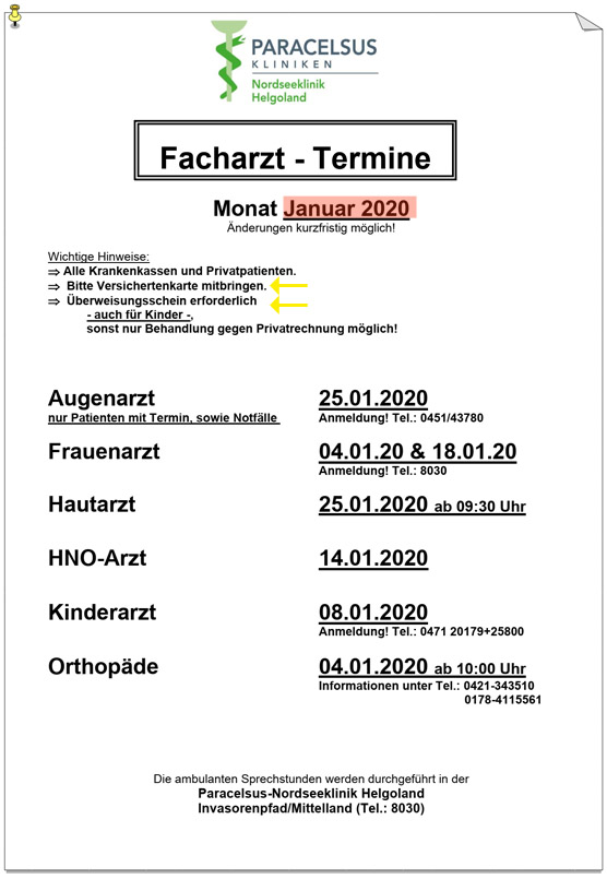 Plan der Facharzt-Termine auf Helgoland.