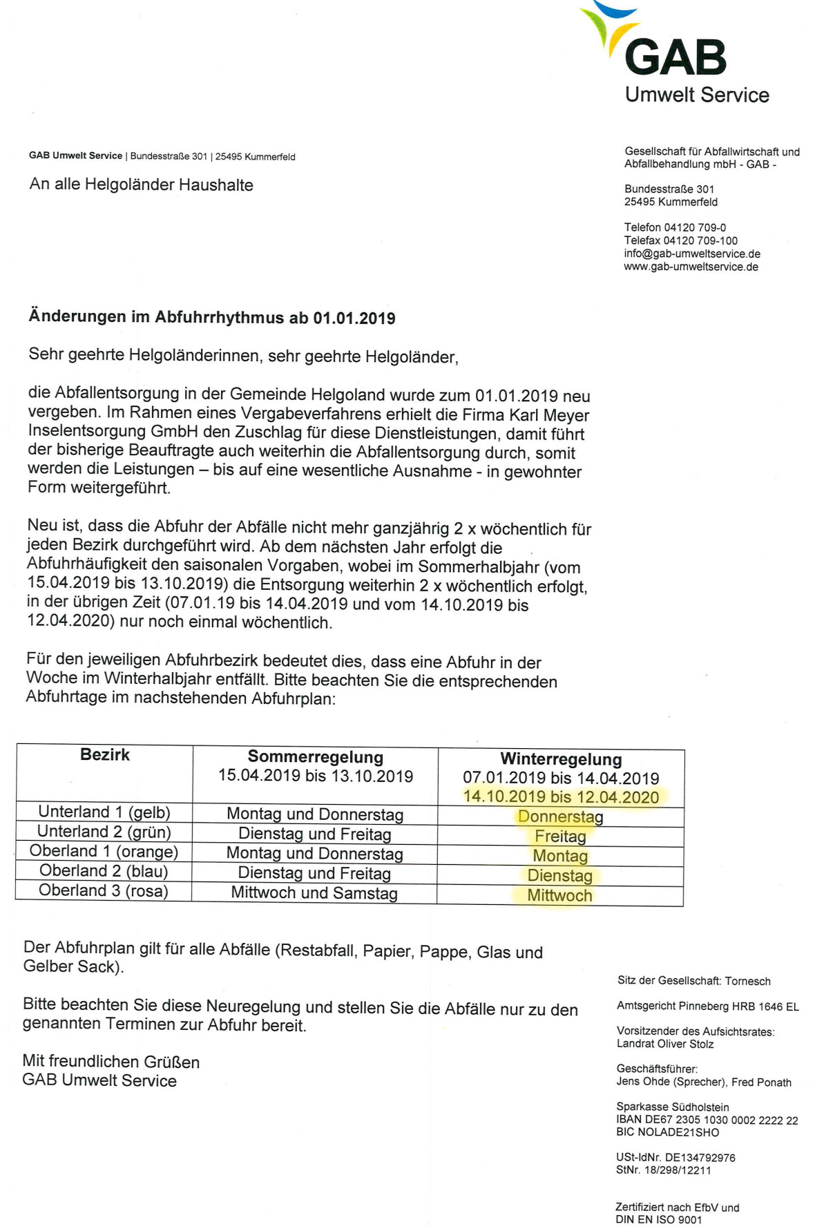 Müllabfuhrtermine Helgoland Herbst/Winter 2019/20.