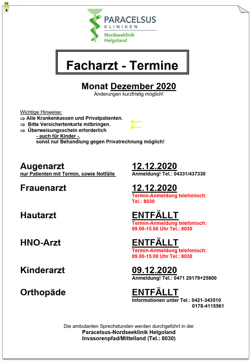 Plan der Facharzt-Termine auf Helgoland.