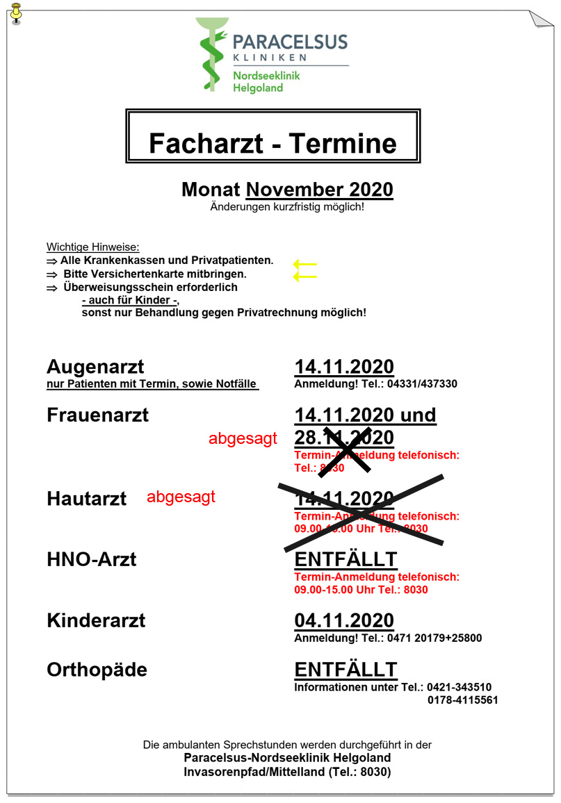 Plan der Facharzt-Termine auf Helgoland.