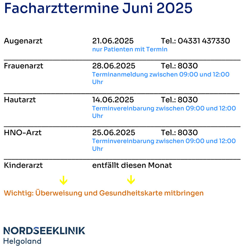 Plan der Facharzt-Termine auf Helgoland.