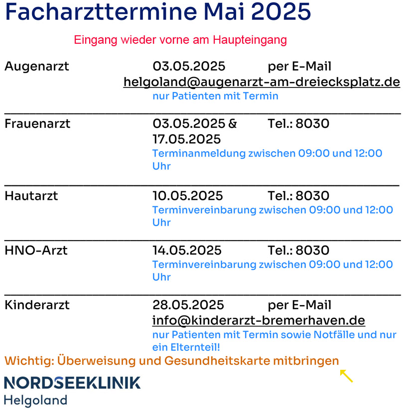Plan der Facharzt-Termine auf Helgoland.