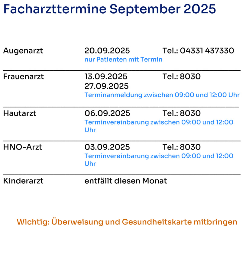Plan der Facharzt-Termine auf Helgoland.