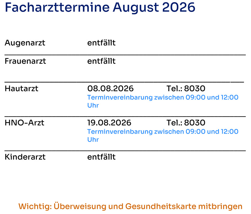 Plan der Facharzt-Termine auf Helgoland.