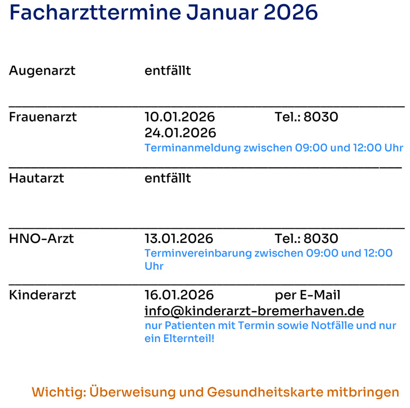 Plan der Facharzt-Termine auf Helgoland.