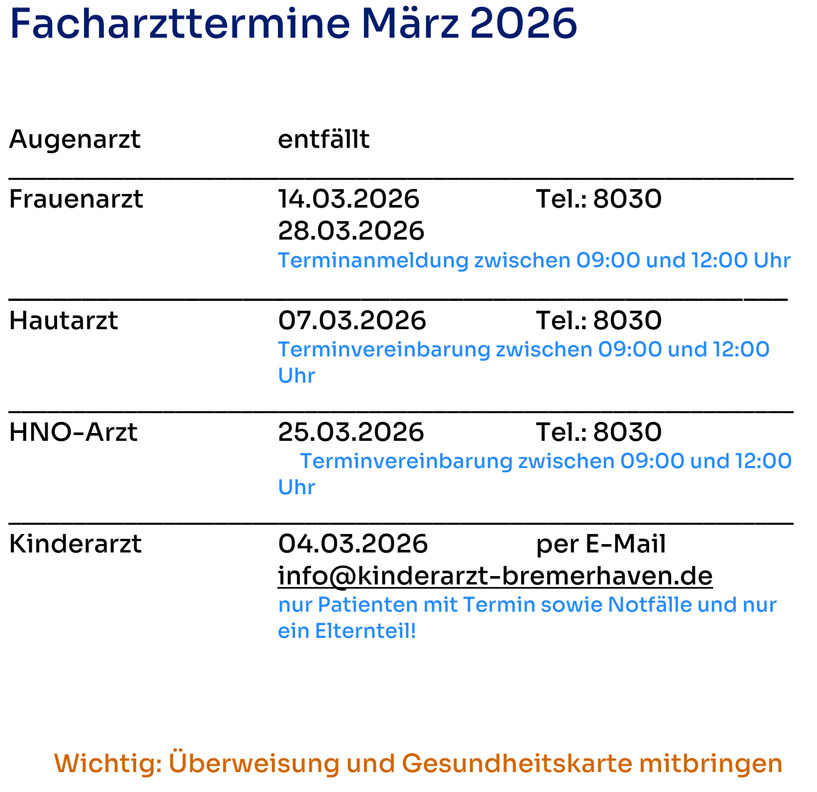 Plan der Facharzt-Termine auf Helgoland.