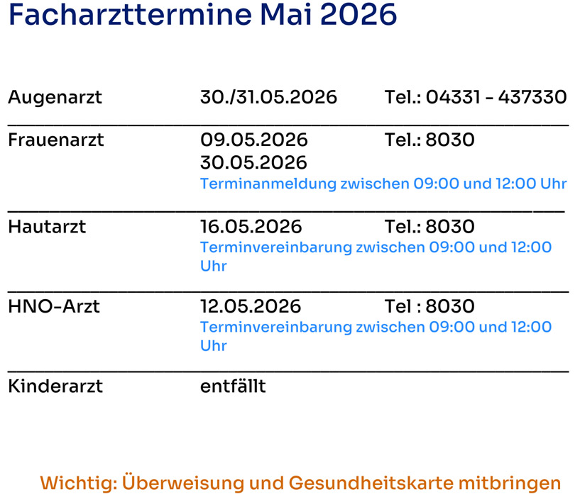 Plan der Facharzt-Termine auf Helgoland.
