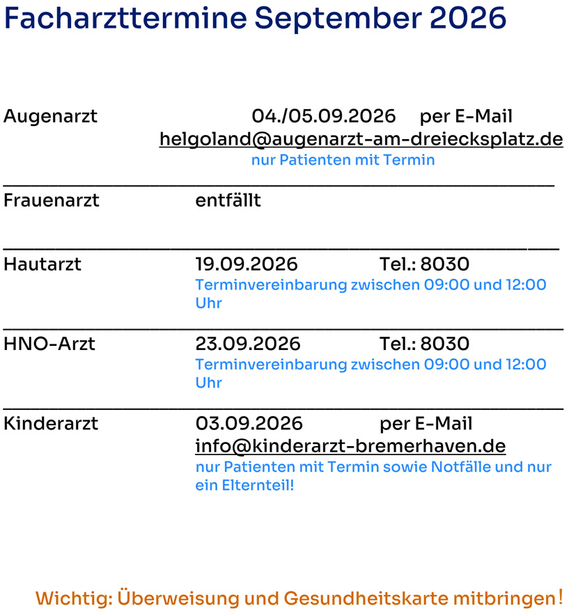 Plan der Facharzt-Termine auf Helgoland.