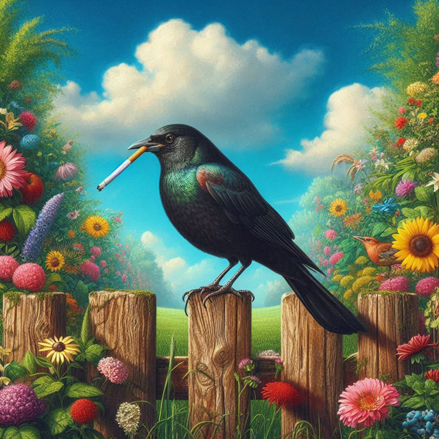 Amsel mit Zigarettenstummel im Schnabel - Fake Foto.