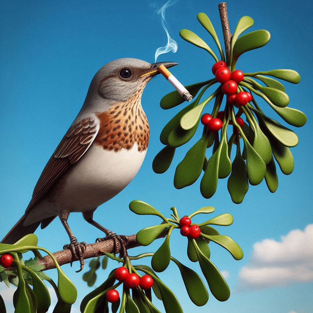 Wacholderdrossel mit Zigarettenstummel im Schnabel - Fake Foto.