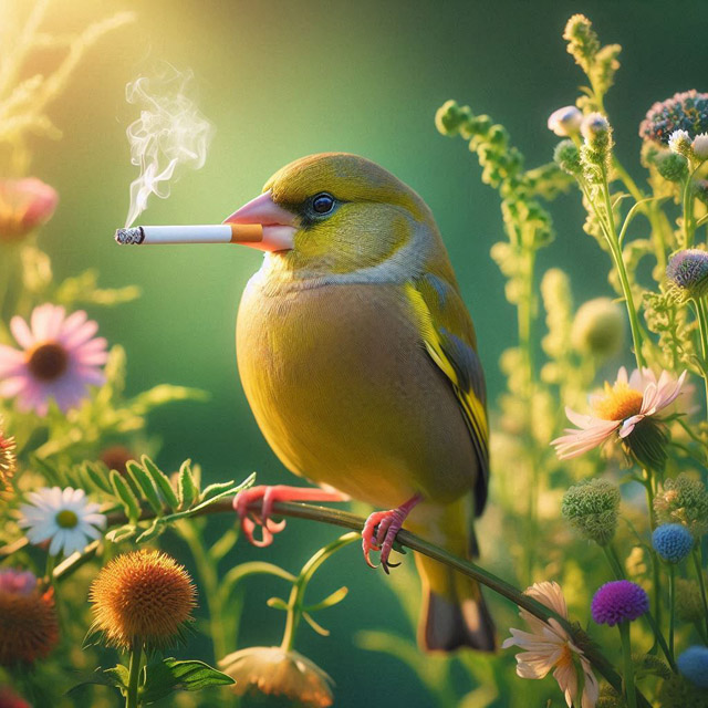 Grün mit Zigarettenstummel im Schnabel - Fake Foto.