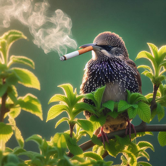 Star mit Zigarettenstummel im Schnabel - Fake Foto.