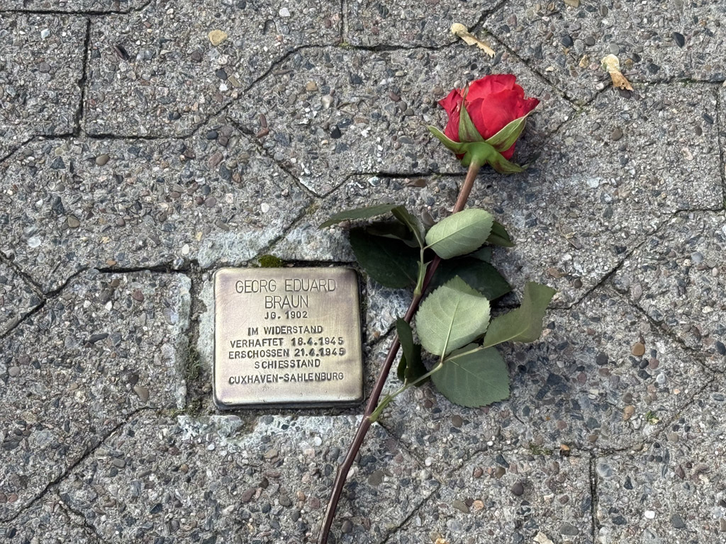 Ein Unbekannter hat eine Rose an einem Stolperstein auf Helgoland niedergelegt.