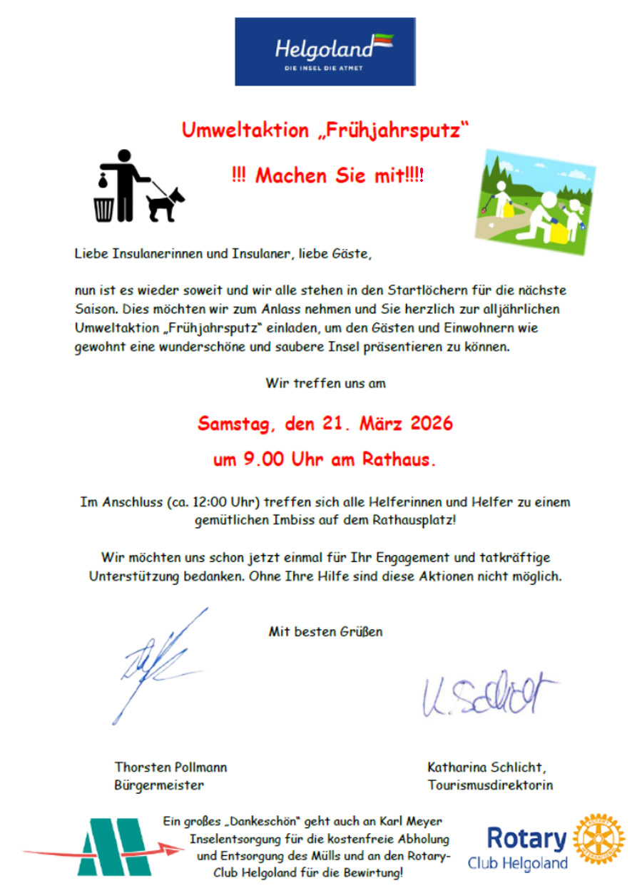 Infoblatt zum Fr&uuml;hjahrsputz am 21. M&auml;rz 26 auf Helgoland.